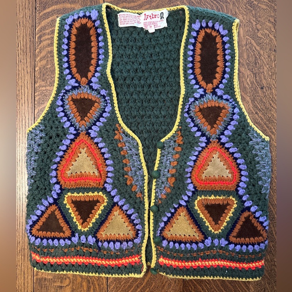 Vintage ArtBro Crochet Vest with Leather Inserts, Ladies Size XXS